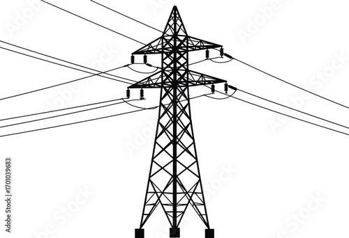 High voltage transmission tower silhouette at sunset, electricity pylon with power lines, energy infrastructure, industrial landscape, renewable grid connection concept