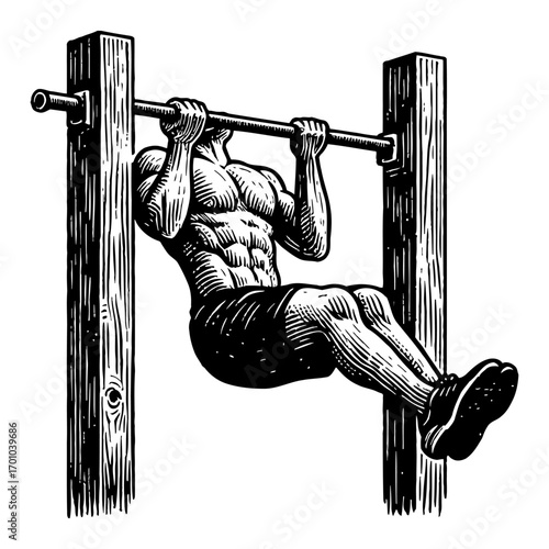 Muscular Man Performing Pullups on Horizontal Bar Black and White Outline Line Art Drawing Exercise Fitness