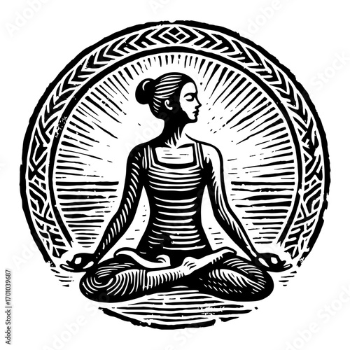 Woman Meditating in Lotus Pose within Decorative Circle Frame Black and White Outline Line Art Drawing