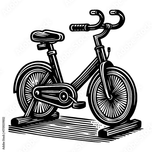 Retro Exercise Bike Stationary Bicycle Trainer Workout Black and White Outline Line Art Drawing Illustration