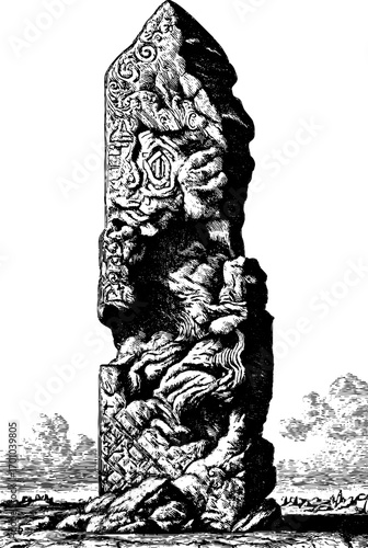 Vintage engraving style illustration of an ancient rune stone
