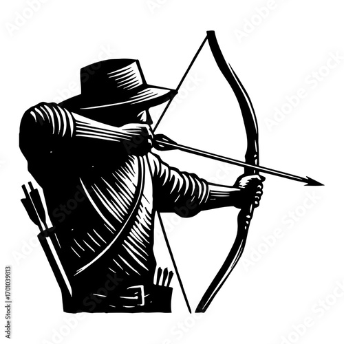 Hunter Archer Aiming Bow and Arrow Black and White Outline Line Art Drawing Side View Vintage Engraving Style Isolated