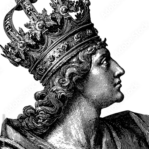Vintage engraving of royal crown and monarch silhouette for retro design