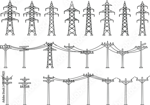 Line art illustration of electric transmission towers and utility poles with power lines, electrical grid infrastructure, energy distribution network