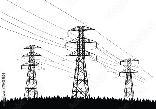Multiple high voltage electricity transmission towers, power lines, metal pylons, energy grid infrastructure, electrical network, industrial utility poles, forest silhouette