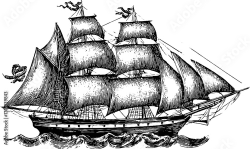 Vintage sailboat engraving illustration with classic nautical design