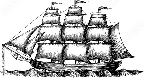 Vintage sailing ship engraving illustration for nautical design
