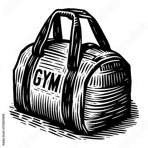 Classic Gym Bag with Handles Black and White Outline Line Art Drawing in Vintage Engraving Style Isolated