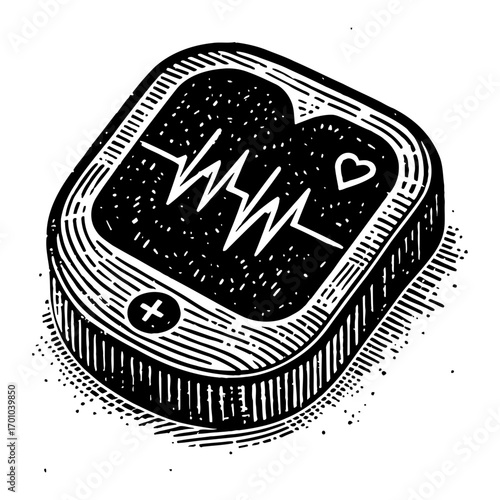 Health Medical Pill Object with Heart Rate Monitor Waveform and Plus Sign Black and White Outline Line Art Drawing