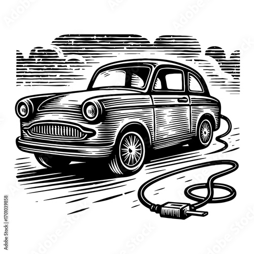 Classic Electric Car with Power Charging Plug Black and White Outline Line Art Drawing Vector Illustration