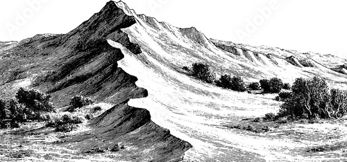 Vintage engraving style illustration of majestic sand dune landscape