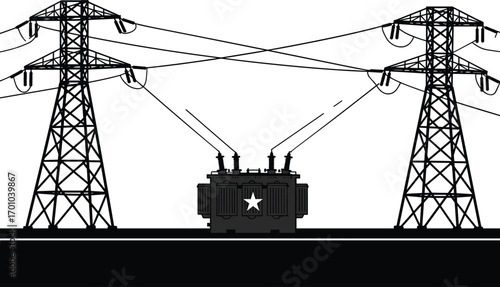 Power transmission towers, electrical transformer, high voltage power lines, electricity distribution, energy infrastructure, electrical substation, power grid, utility network
