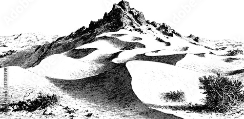 Vintage engraving style illustration of desert sand dune landscape