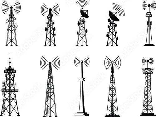 Set of communication towers, antennas, and satellite dishes, telecommunication infrastructure silhouettes, broadcasting and signal transmission structures for wireless data networks