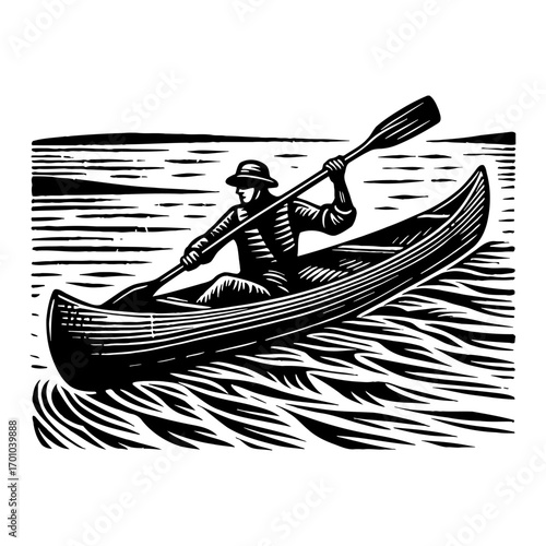 Man Paddling a Canoe on Water in a Classic Vintage Woodcut Style Black and White Outline Line Art Drawing