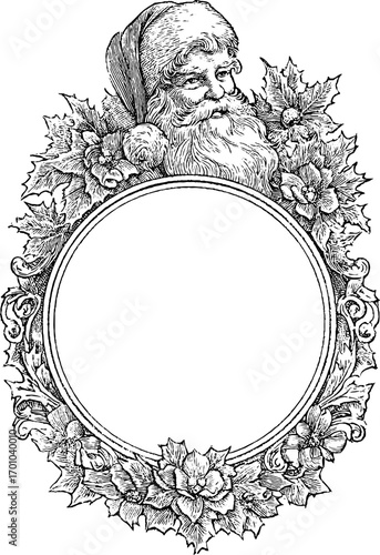 Vintage santa claus engraving with festive frame design for holiday greetings