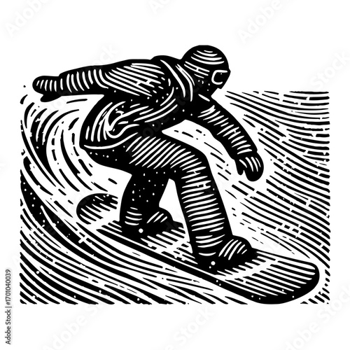 Dynamic Snowboarder Riding Downhill in Action Black and White Outline Line Art Drawing Vector Illustration