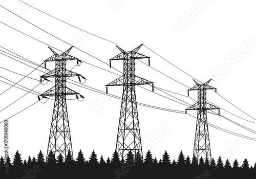 Silhouette of electricity pylons in forest, high voltage power lines, energy transmission towers, utility infrastructure, cable network, rural grid