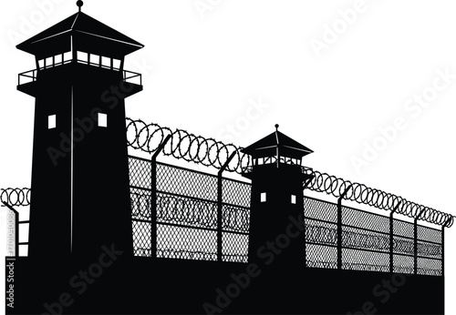 Silhouette of prison fence with barbed wire and watchtowers, security barrier, high-security prison perimeter, correctional facility protection