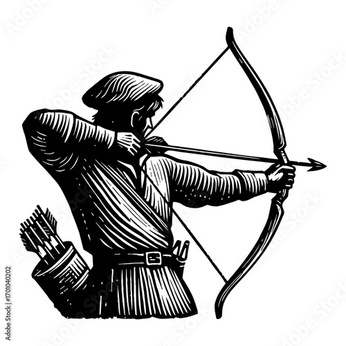 Male Archer Aiming Bow and Arrow Side View Vintage Engraved Black and White Outline Line Art Drawing