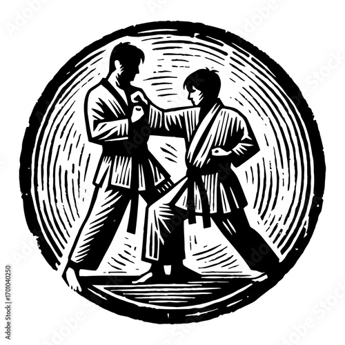 Dynamic Martial Arts Training Two Fighters Practicing Combat Self Defense Black and White Outline Line Art Drawing