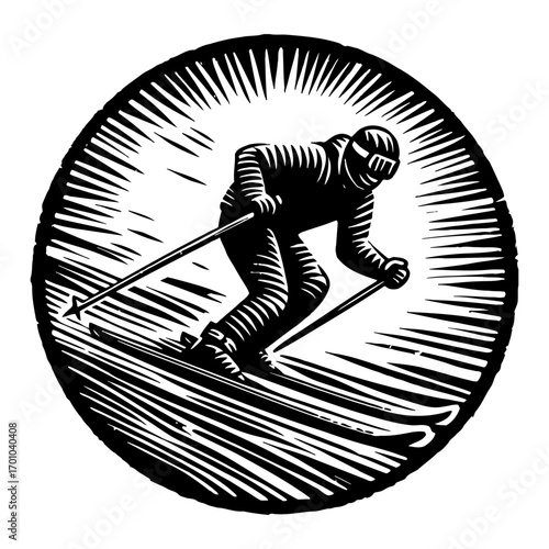 Dynamic Skier in Action Black and White Outline Line Art Drawing Woodcut Style Circular Frame
