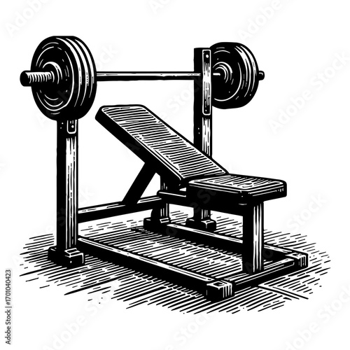 Gym Weight Bench and Barbell Equipment Black and White Outline Line Art Drawing Fitness Workout