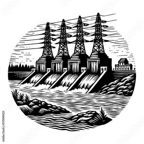 Hydroelectric Power Dam with Flowing Water and Transmission Towers Black and White Outline Line Art Drawing Woodcut Style