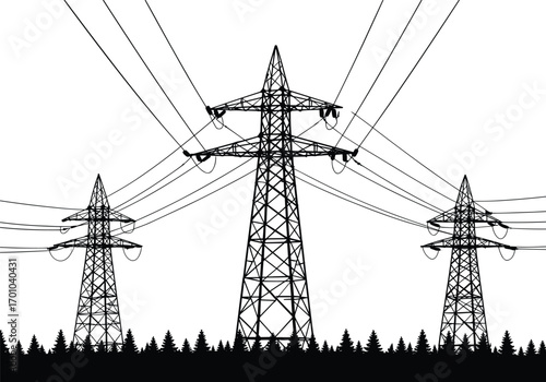 Three electricity transmission towers, high voltage power lines, metal pylons, forest background, energy infrastructure, utility structure, industrial network, silhouette