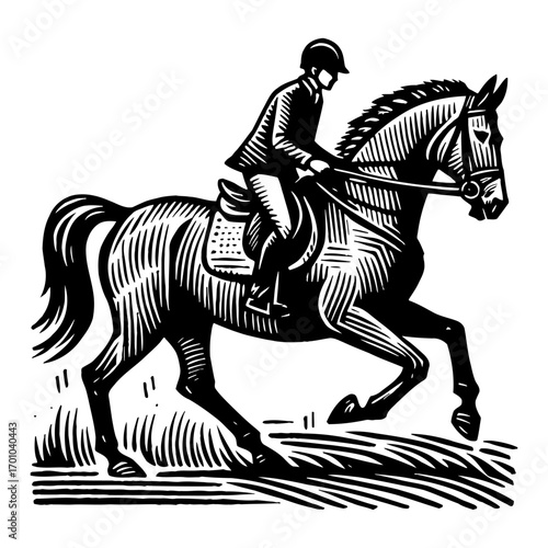 Wallpaper Mural Dynamic Equestrian Rider on Galloping Horse in Classic Black and White Outline Line Art Drawing Style Torontodigital.ca