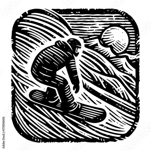 Dynamic Snowboarder on Mountain Slope with Sun in Rustic Black and White Outline Line Art Drawing