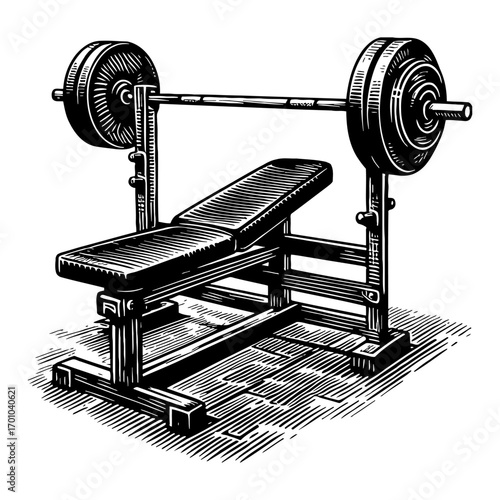 Weight Bench Barbell with Weights Gym Fitness Equipment Black and White Outline Line Art Drawing