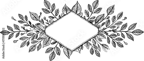 Vintage engraving style sketch of foliage frame design for decorative use