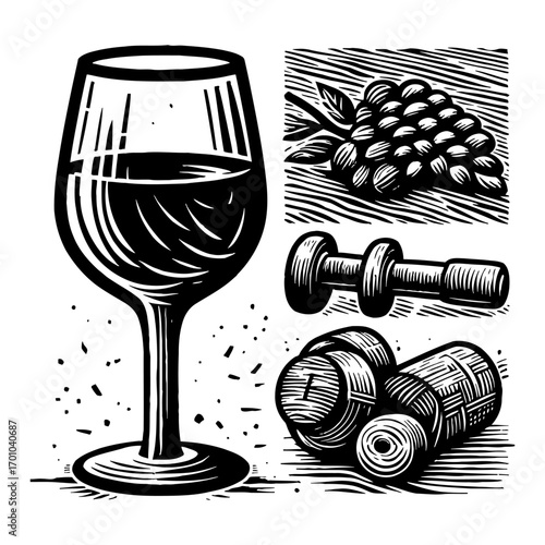 Wine Glass Grapes Corks Stopper Black and White Outline Line Art Drawing Vintage Engraving Style