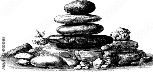 Vintage engraving of smooth stones and rocks in balanced arrangement