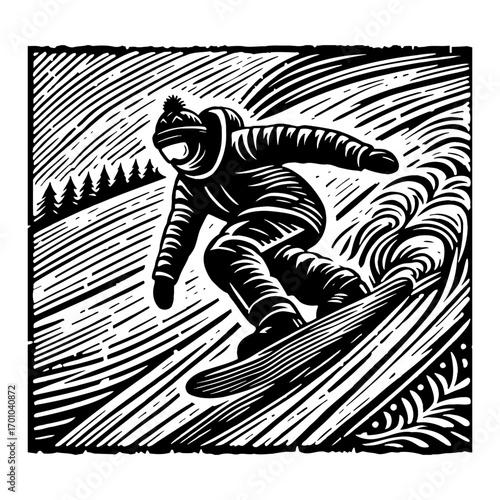 Dynamic Snowboarder Riding Down Snowy Mountain Slope Winter Sport Black and White Outline Line Art Drawing