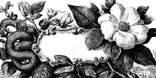 Vintage engraving of snakes and floral motif for retro designs