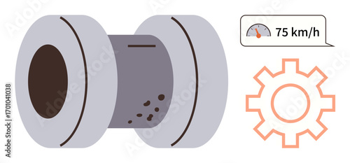 Worn brake pad with debris, speedometer reading 75 kmh, and orange gear shape. Ideal for automotive safety, diagnostics, repair, engineering, inspection speed mechanical failure. Simple flat