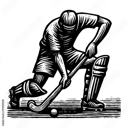 Aggressive Field Hockey Player Striking Ball with Stick Action Vintage Retro Black and White Outline Line Art Drawing