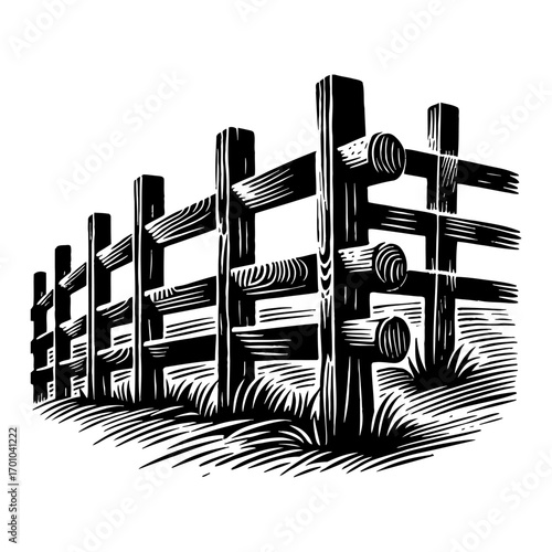 Rustic Wooden Split Rail Fence with Grass Below Black and White Outline Line Art Drawing Vector Illustration