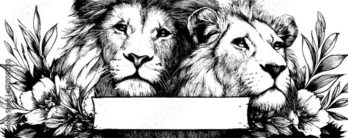 Vintage illustration of sphinxes with floral elements for art and design