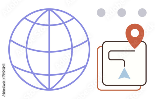 Globe outline symbolizing worldwide connection, map with geolocation marker and arrows for route planning. Ideal for global travel, GPS tracking, logistics, mobility, navigation, connectivity, simple
