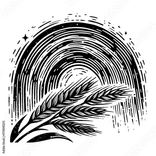 Harvest Wheat Grain Stalks with Textured Semicircle Background Black and White Outline Line Art Drawing