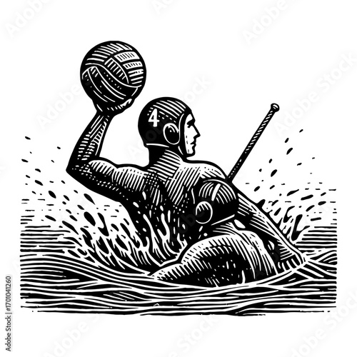 Muscular Water Polo Player Throwing Ball Splashing Water in Intense Action Black and White Outline Line Art Drawing