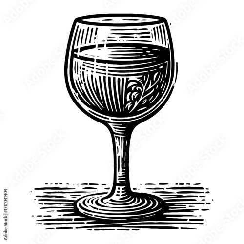 Black and White Outline Line Art Drawing Elegant Wine Glass Filled with Liquid Leaf Motif Vintage Engraving Style