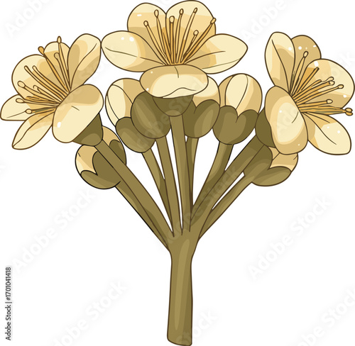 Hand-drawn yellow cherry blossom bouquet, elegant botanical illustration, floral spring design, blooming flower branch for prints, cards, invitations, and natural decor projects.