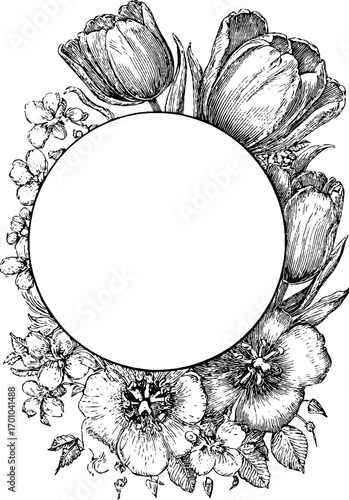 Spring floral frame in vintage engraving style for design