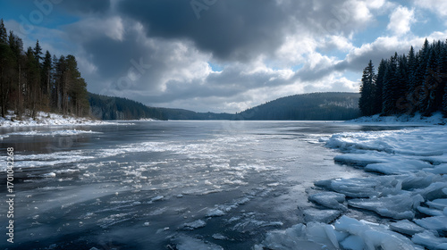 Photo Frozen Lake Winter Landscape Ice Snow Trees Clouds Nature Scenic