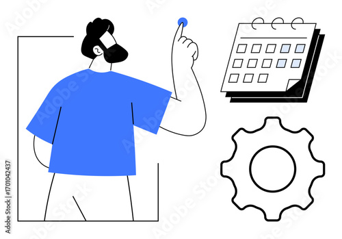 Person pointing at date on calendar, gear symbolizing productivity, system organization. Ideal for time management, workflow, planning, project management, productivity, scheduling task oversight