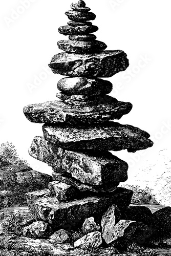 Vintage hand drawn stack of stones in nature engraving style for design projects